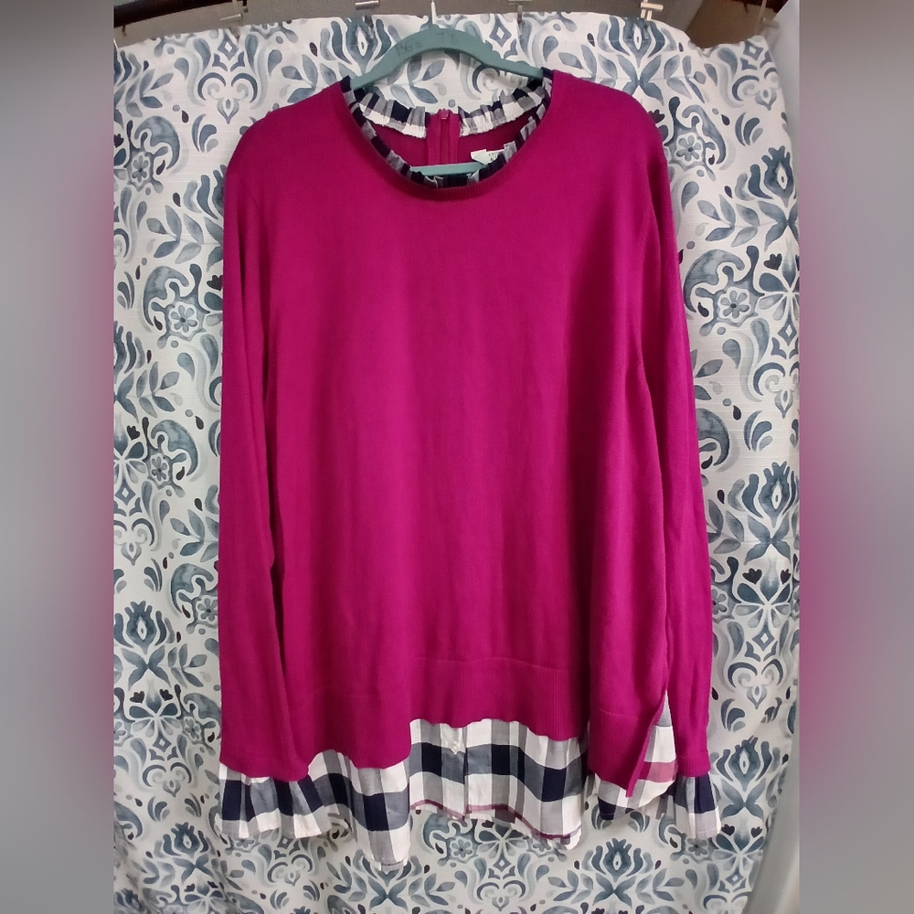 Crown & Ivy Fuchsia Sweater with Checkered Trim